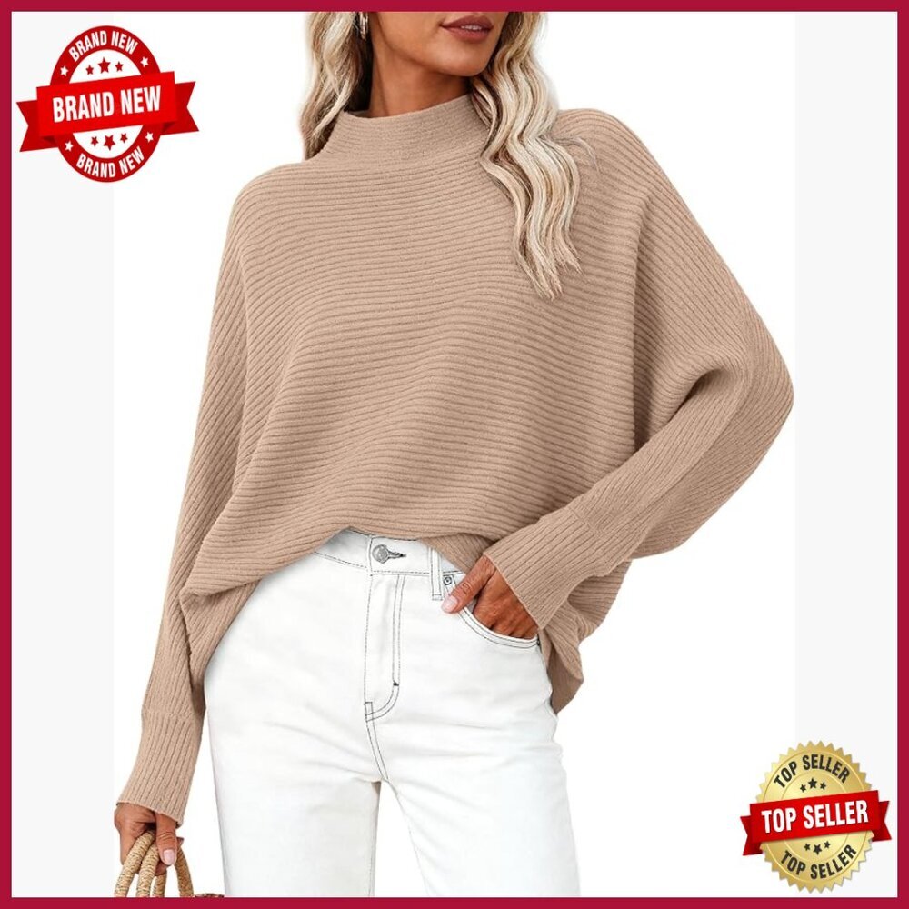 Batwing Sleeve Pullover Sweater Ribbed Knit Mock Neck Cozy Oversized